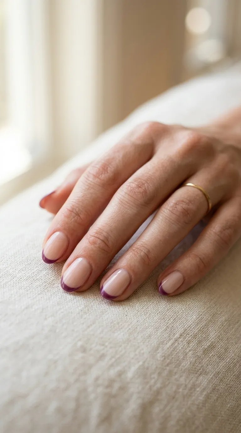 Sheer milky nude nails with a thin plum French tip on cream linen