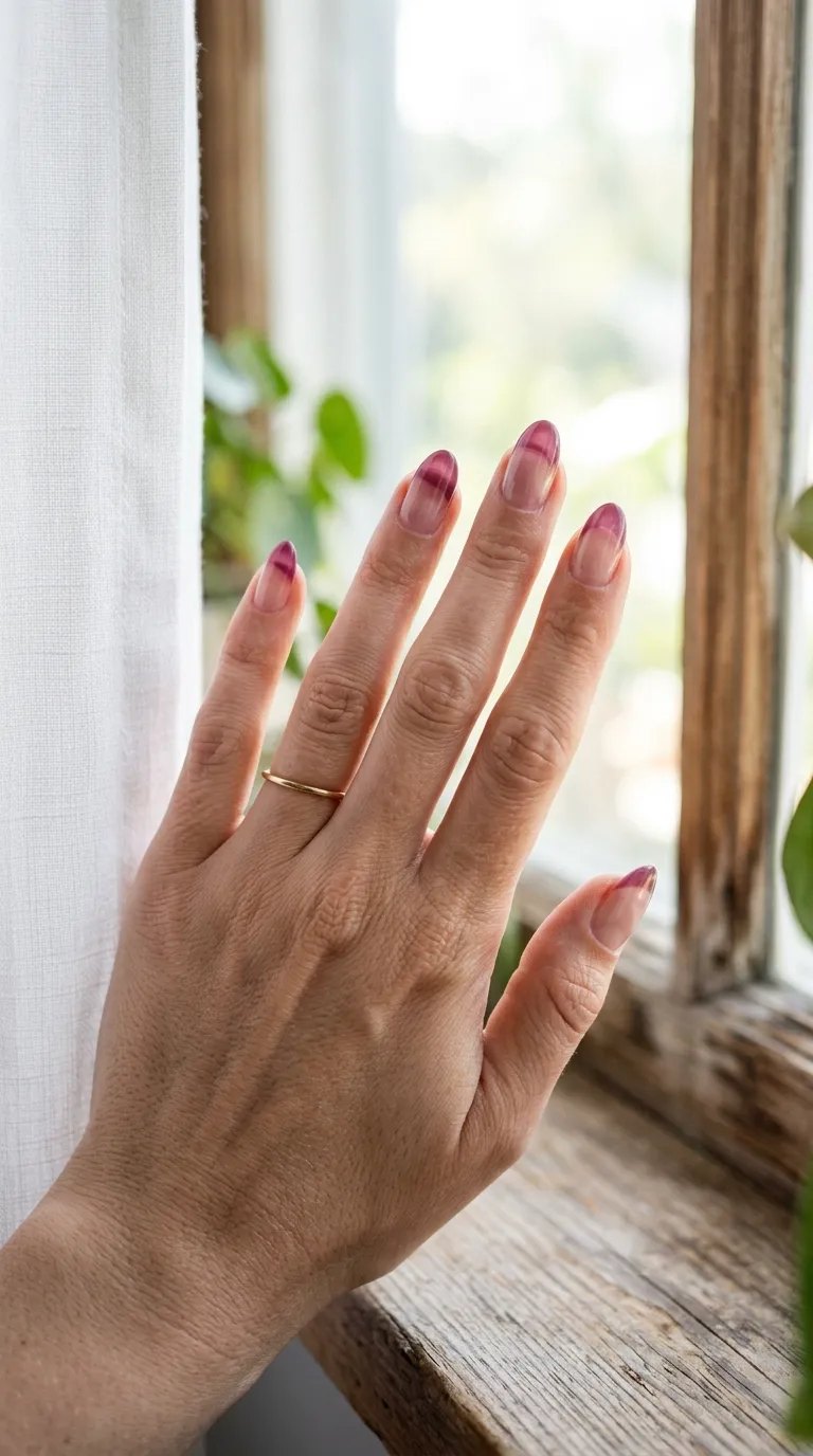Plum to mauve ombre almond nails in soft window light