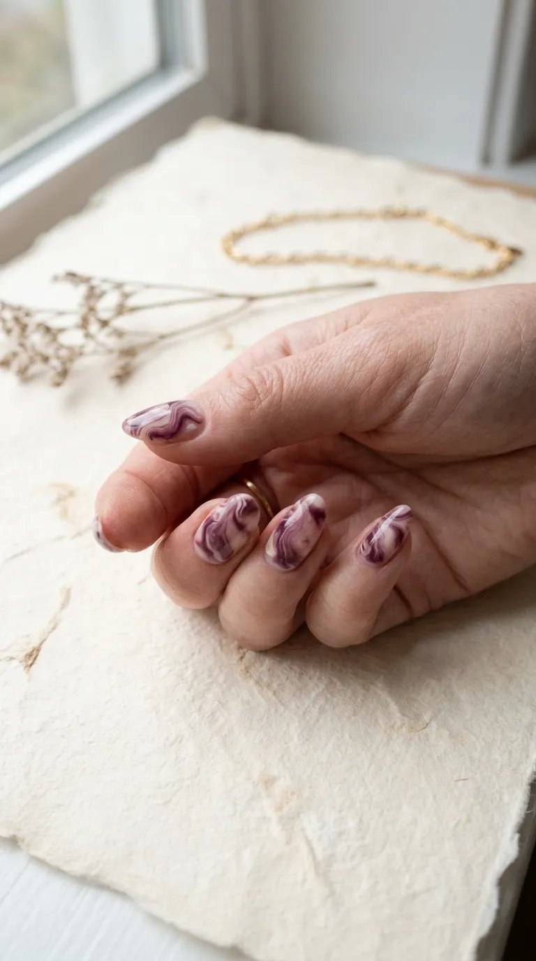 Plum and cream marbled swirl nails on handmade cream paper