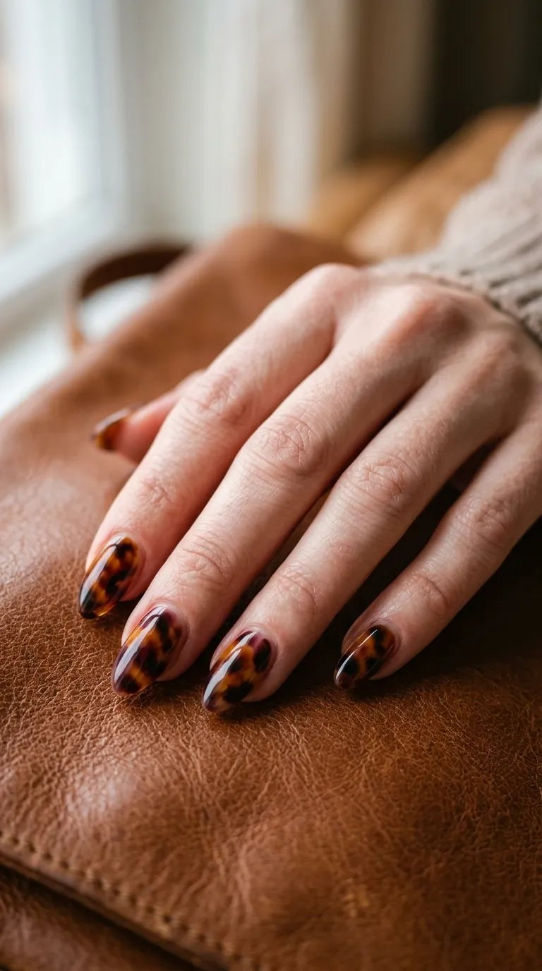 Plum and amber tortoiseshell almond nails on a brown leather bag