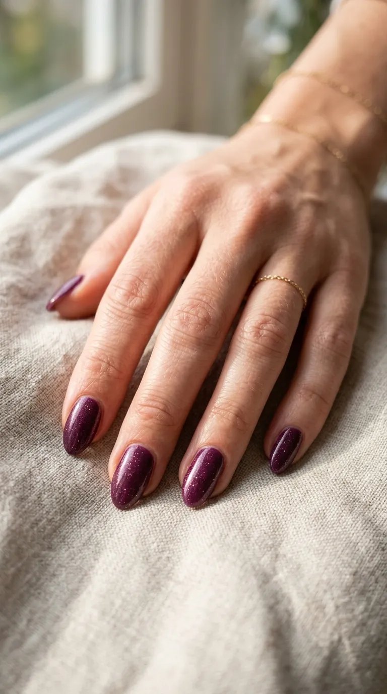 Plum nails with fine micro glitter catching light on a linen cloth