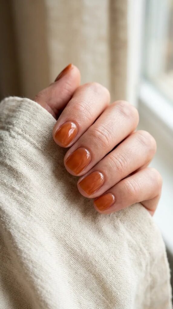 Pumpkin Nails – milky pumpkin spice orange on short natural nails resting on a linen cloth