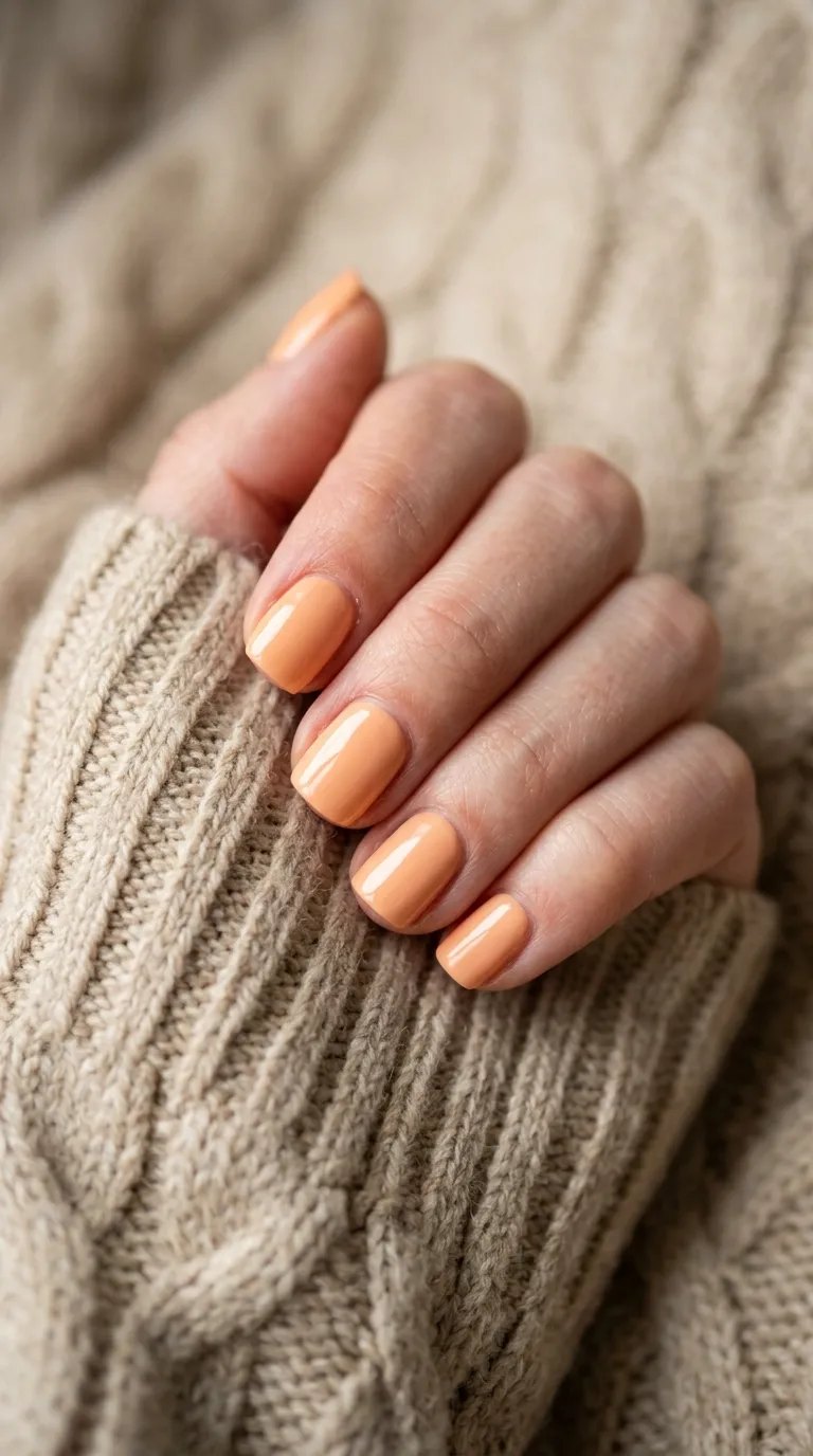 Pumpkin Nails &ndash; creamy peach-orange manicure on short squoval nails over a cream knit sweater