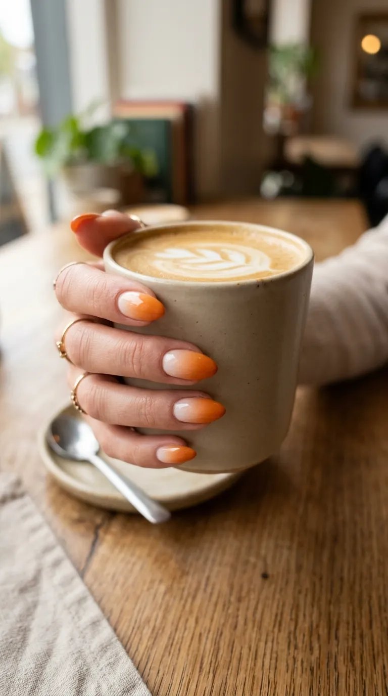 Pumpkin Nails &ndash; cream-to-orange latte ombre nails on a hand holding a latte cup