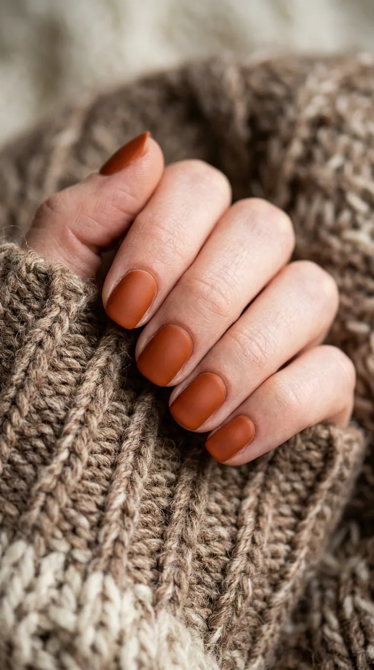 Matte burnt orange fall nails on short square nails against a chunky brown knit