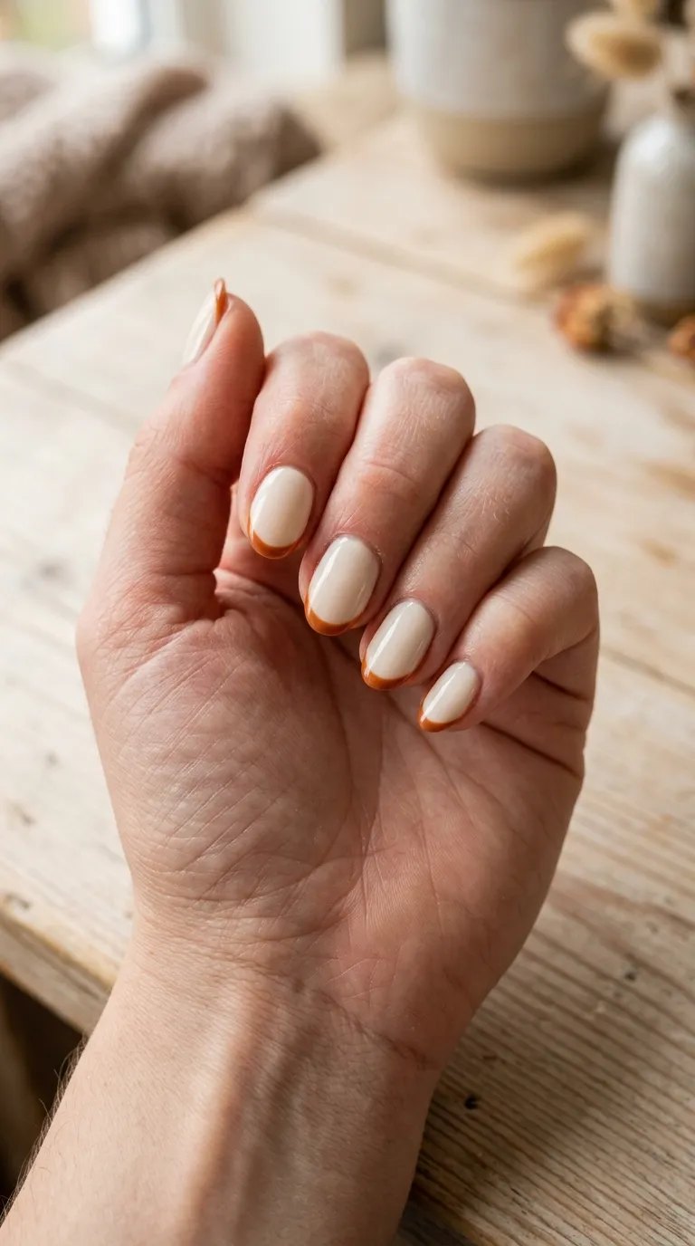 Cinnamon and cream French tip nails on a rustic wooden table