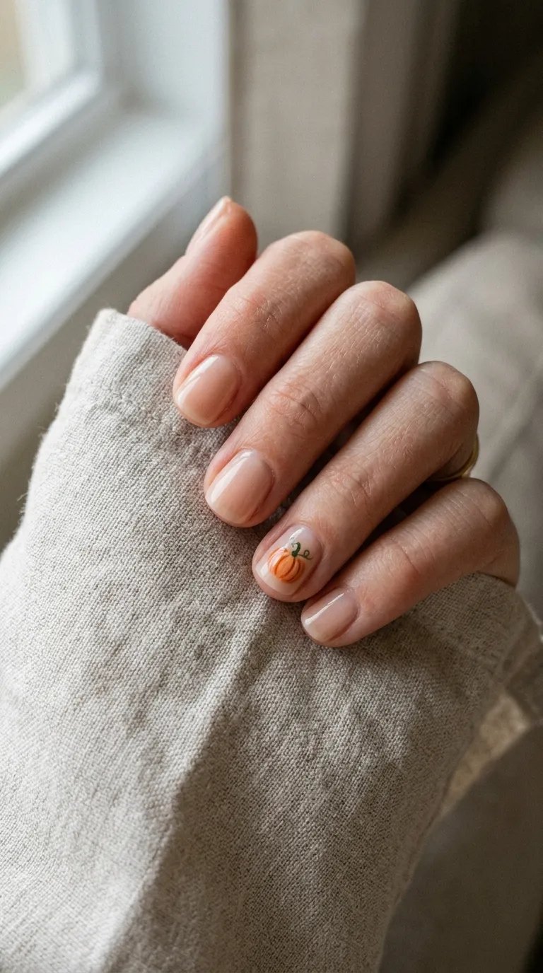 Tiny hand-painted pumpkin on a pinky over a sheer nude manicure, hand on linen fabric