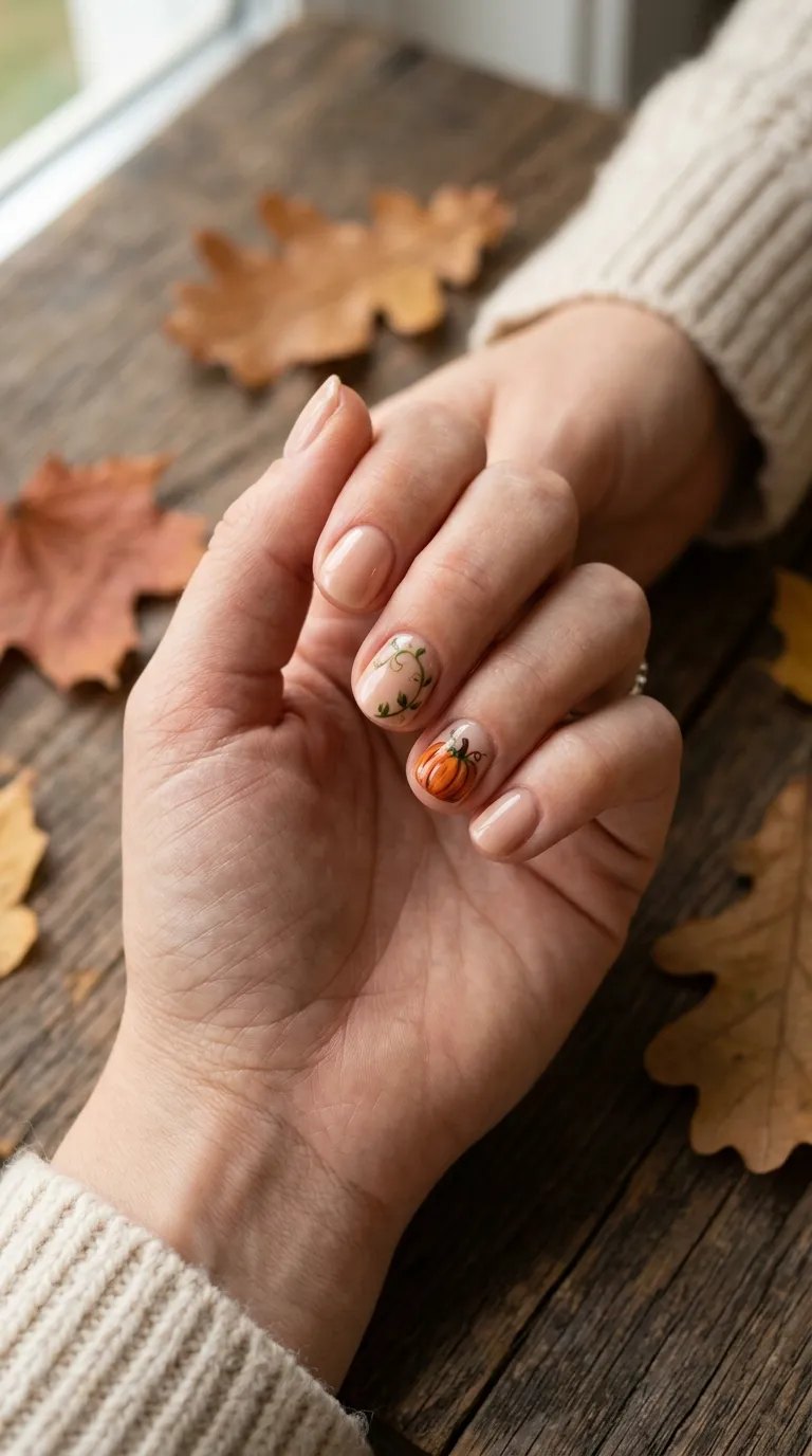 Small pumpkin and leaf accent nails on a nude base beside dried autumn leaves