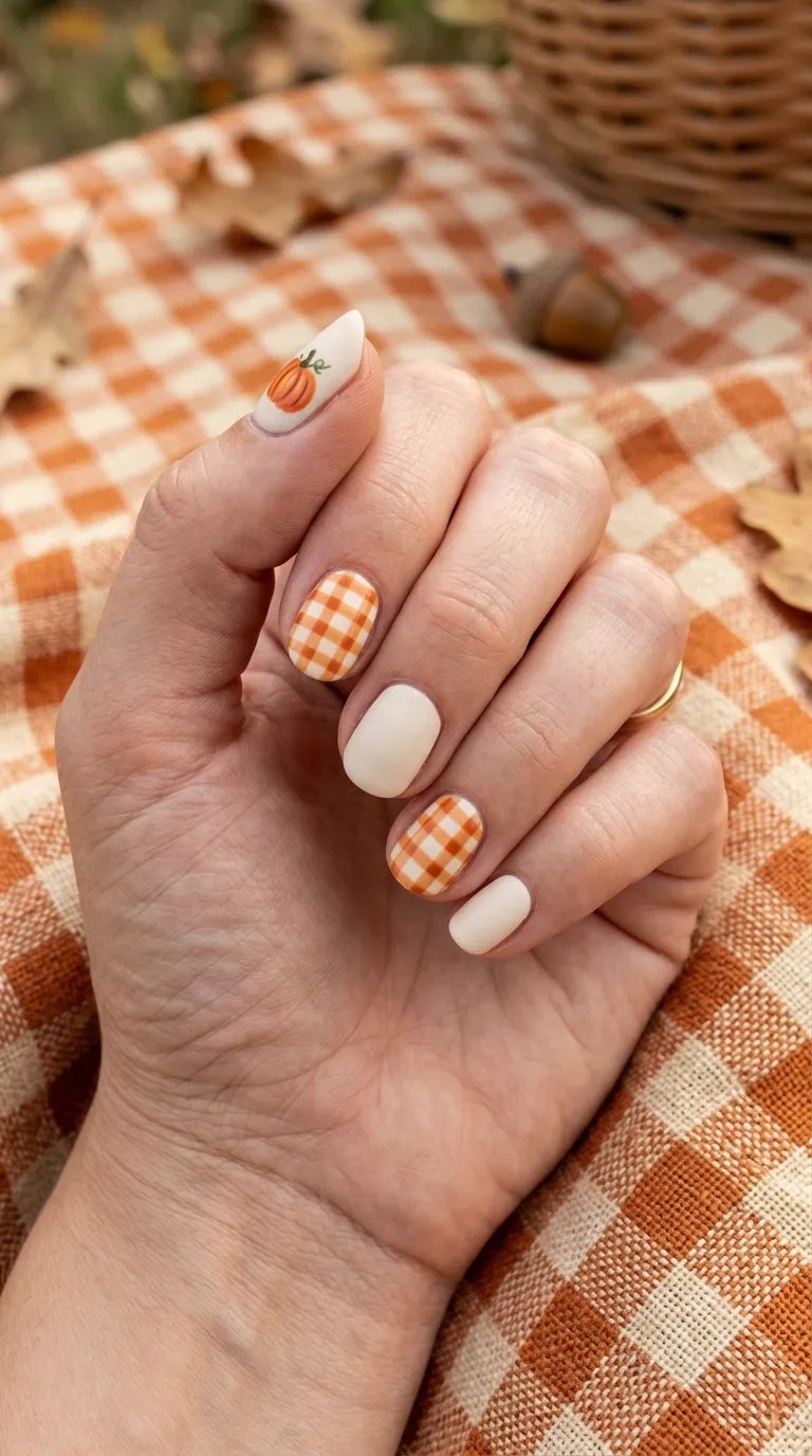 Orange and cream gingham nails with a mini pumpkin accent on a checked tablecloth