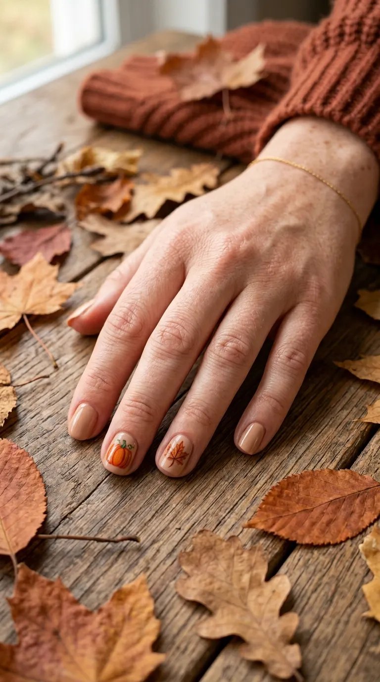Mini pumpkin accent nails on nude short nails resting on fall leaves and a rust knit