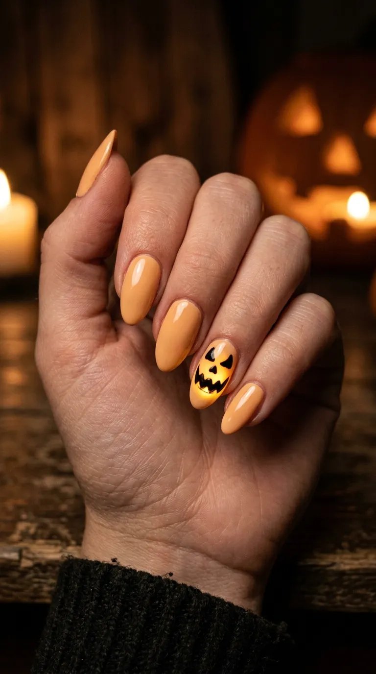 Classic carved jack-o'-lantern smile on an orange accent nail with a glowing pumpkin behind