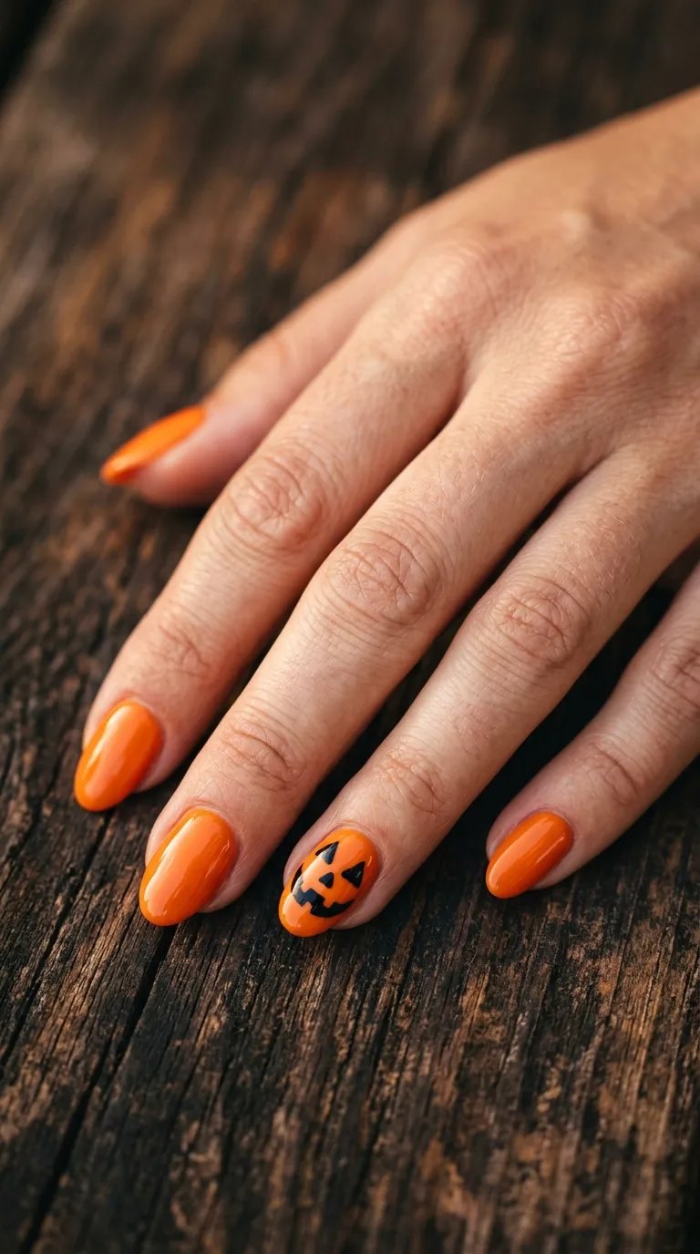 Orange nails with a glowing jack-o'-lantern face accent on a dark rustic wood table