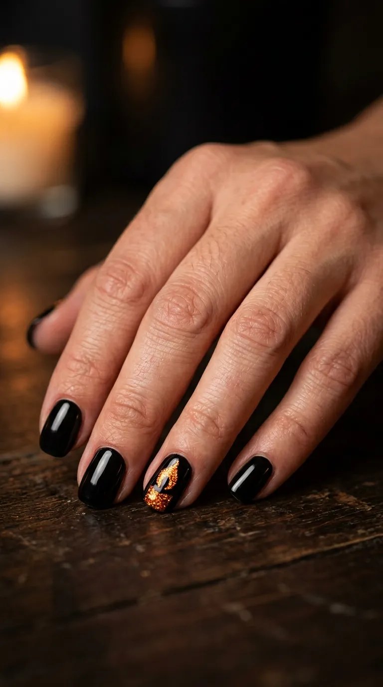 Black glossy nails with an orange glitter flame accent in candlelight