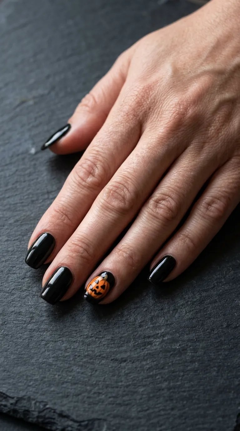 Black nails with a small orange pumpkin face on the ring finger over dark slate
