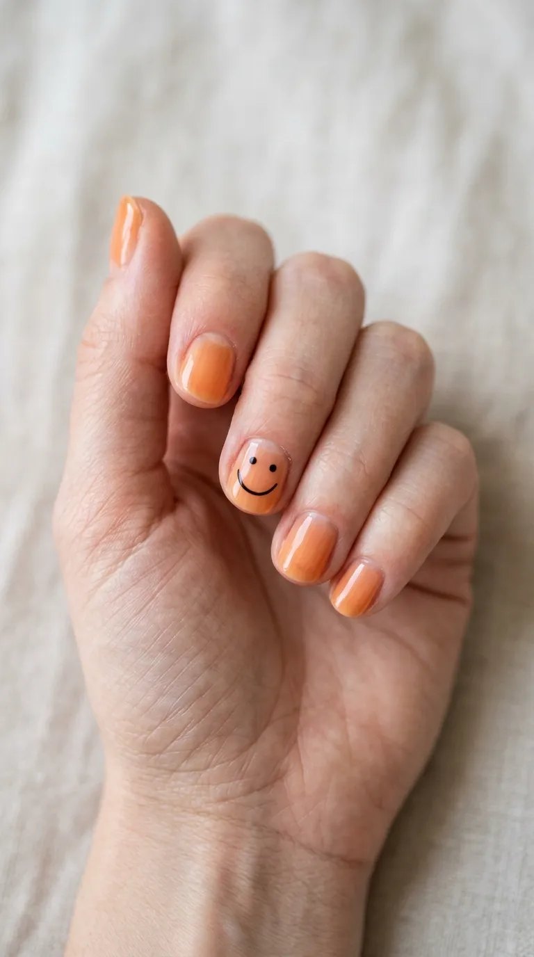Minimalist single-line grin on a sheer orange nail with short almond nails