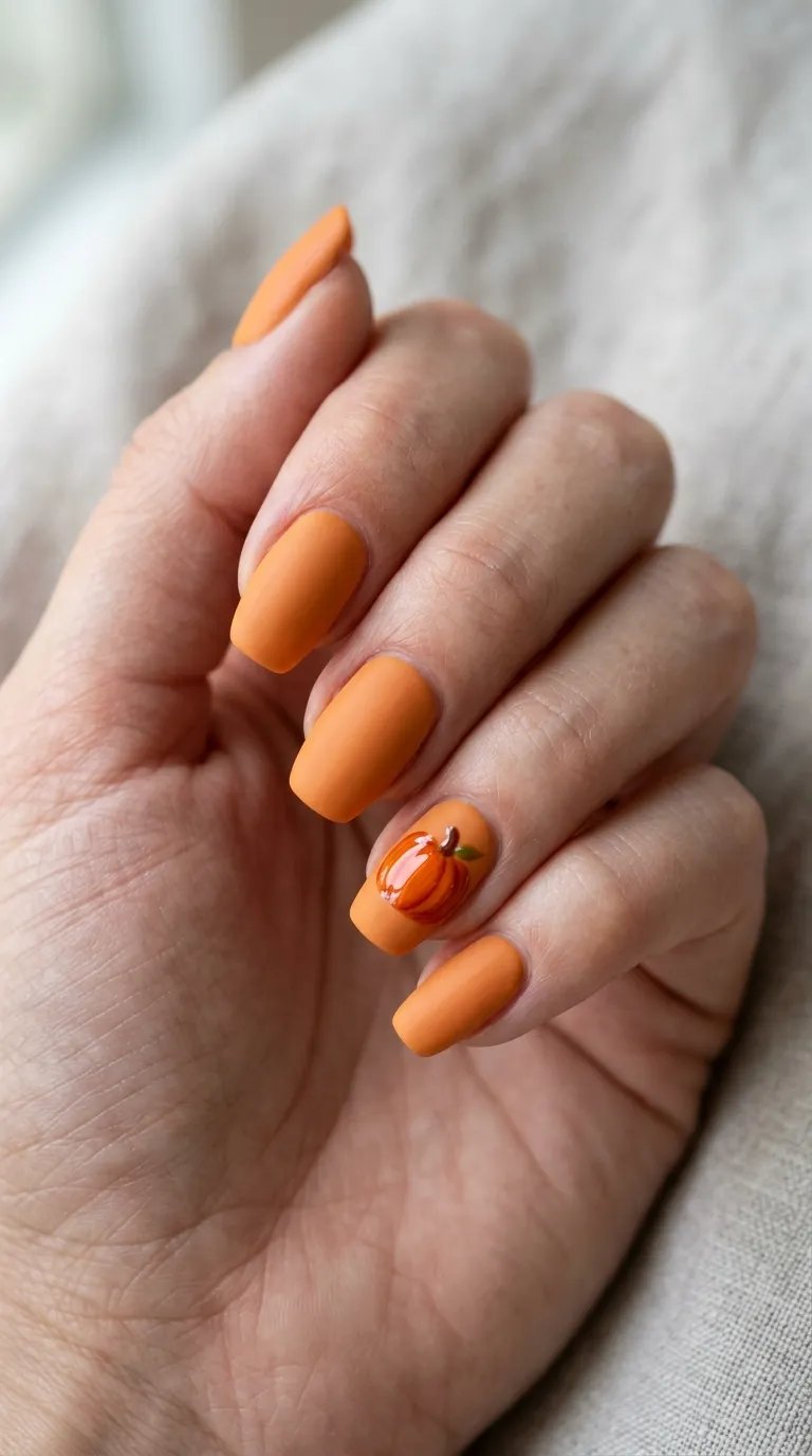 Matte orange nails with a glossy painted pumpkin accent on a cream throw