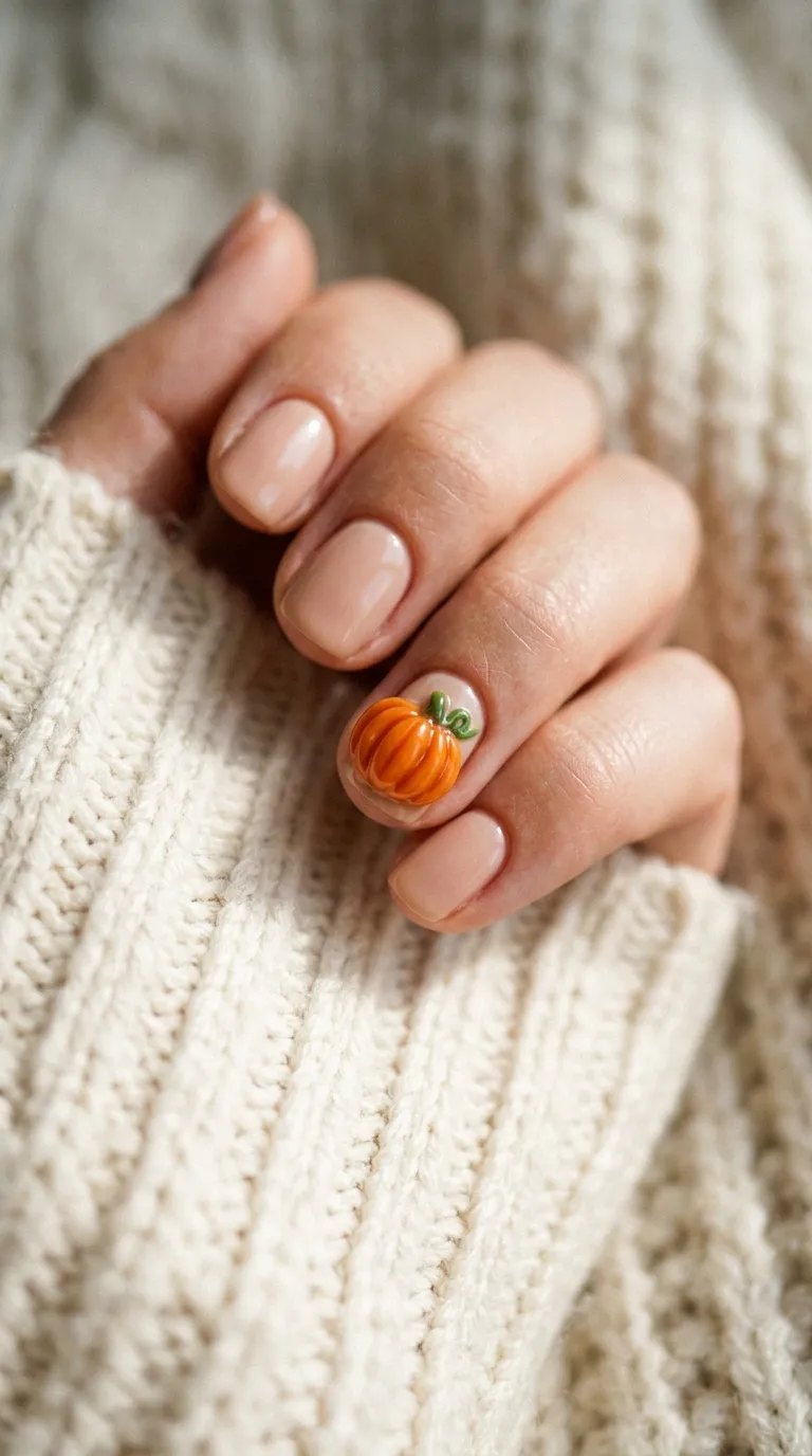 3D gel pumpkin charm on a sheer nude nail over a white cable-knit sweater
