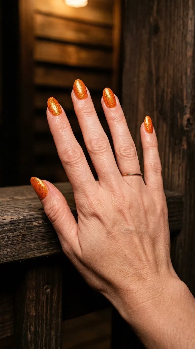 Orange glitter nails with a sparkling pumpkin-skin finish near a rustic wooden shutter