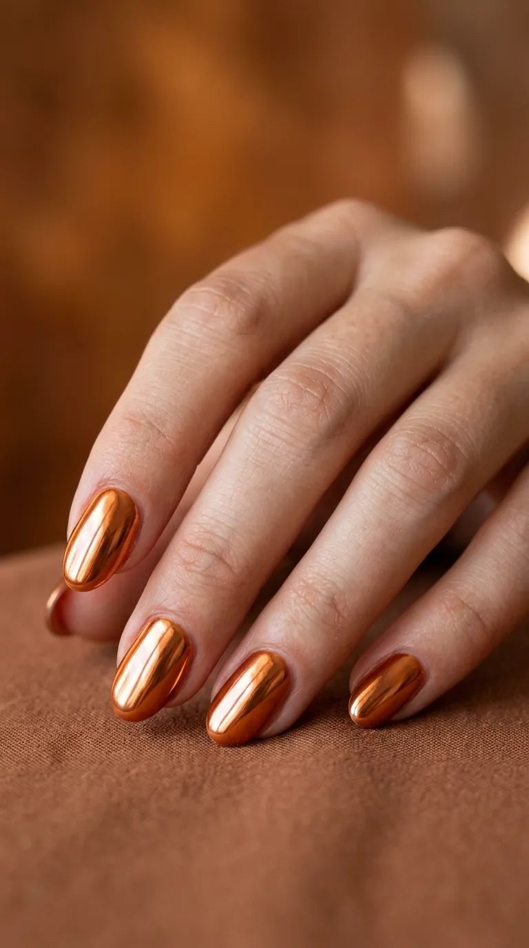 Chrome orange copper nails on a rust suede background