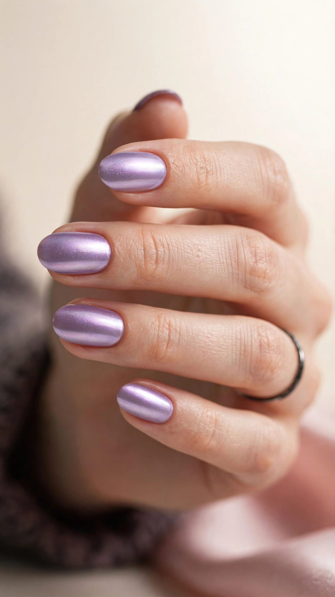 Lilac chrome purple nails with pearly finish