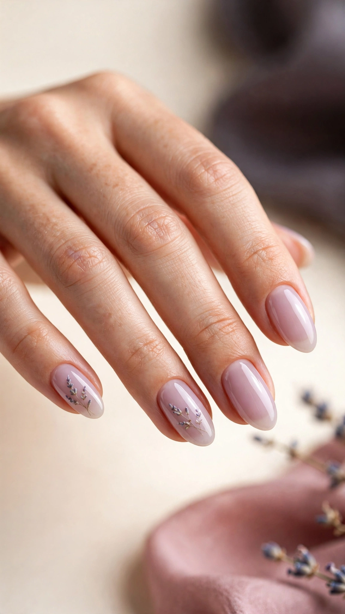 Dried lavender floral nail art on sheer lilac base