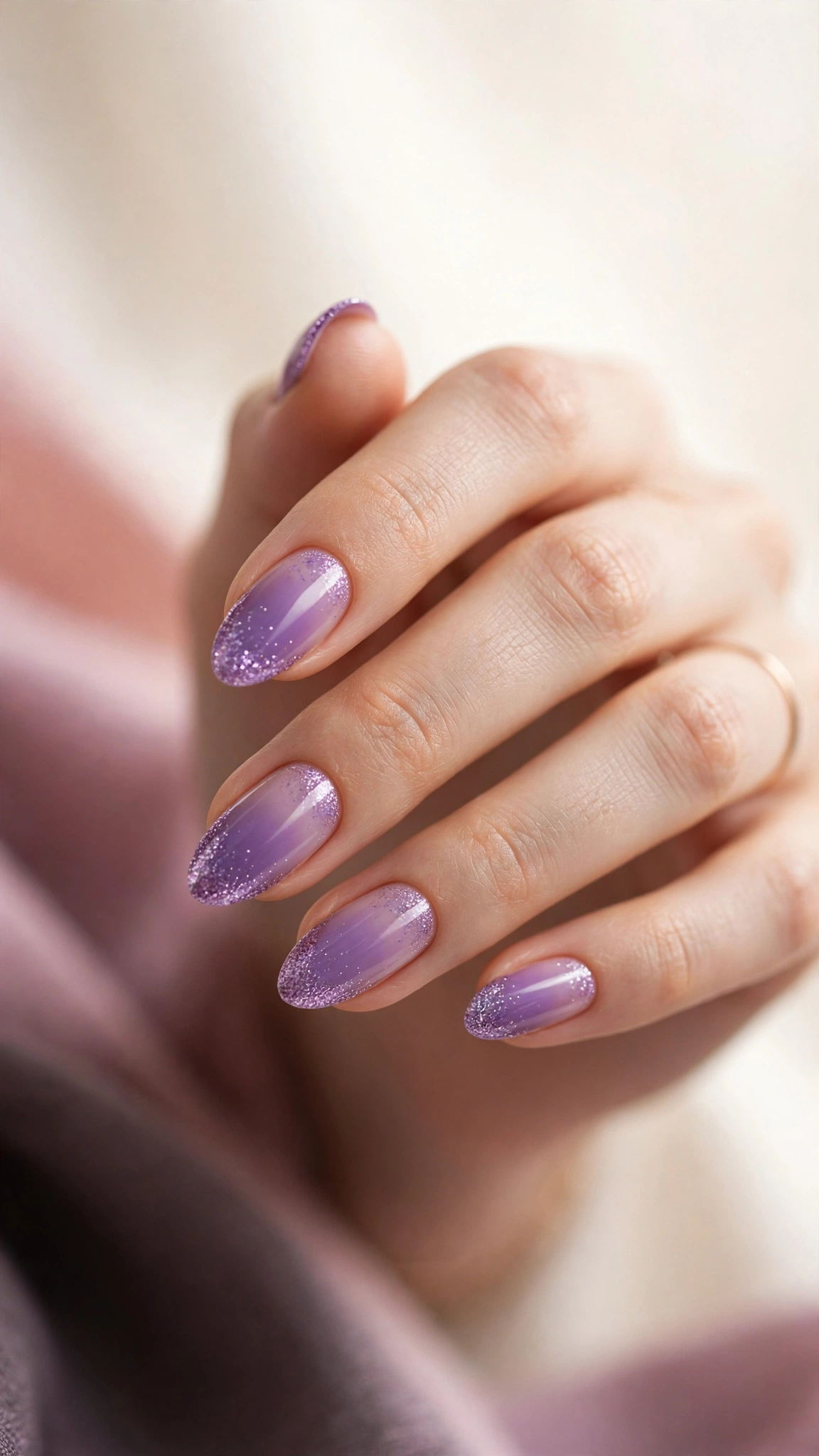 Lilac glitter fade purple nails on sheer base
