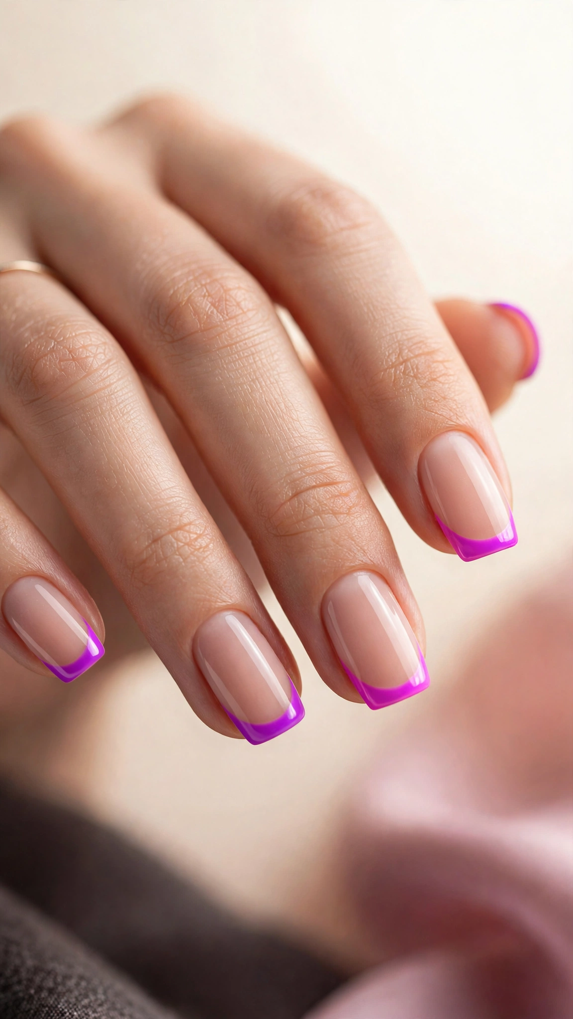 Neon purple French tip nails on nude base