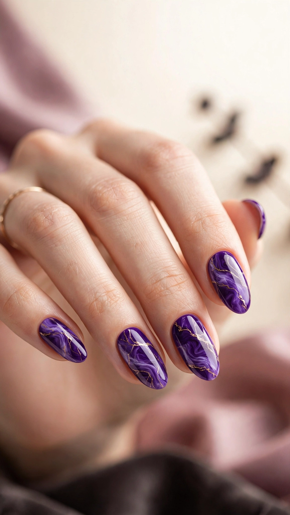 Violet marble purple nails with gold veining