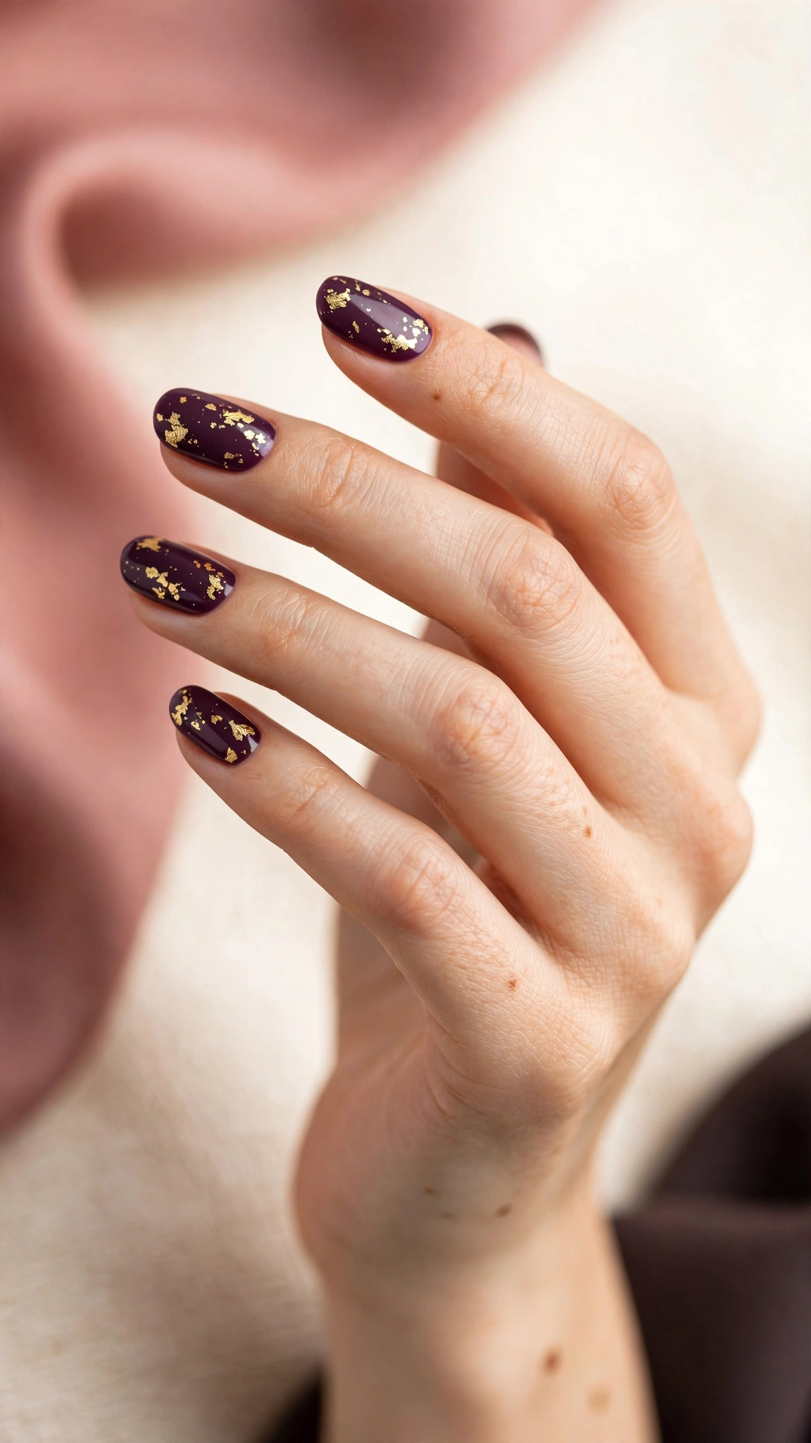 Deep plum purple nails with gold foil flakes