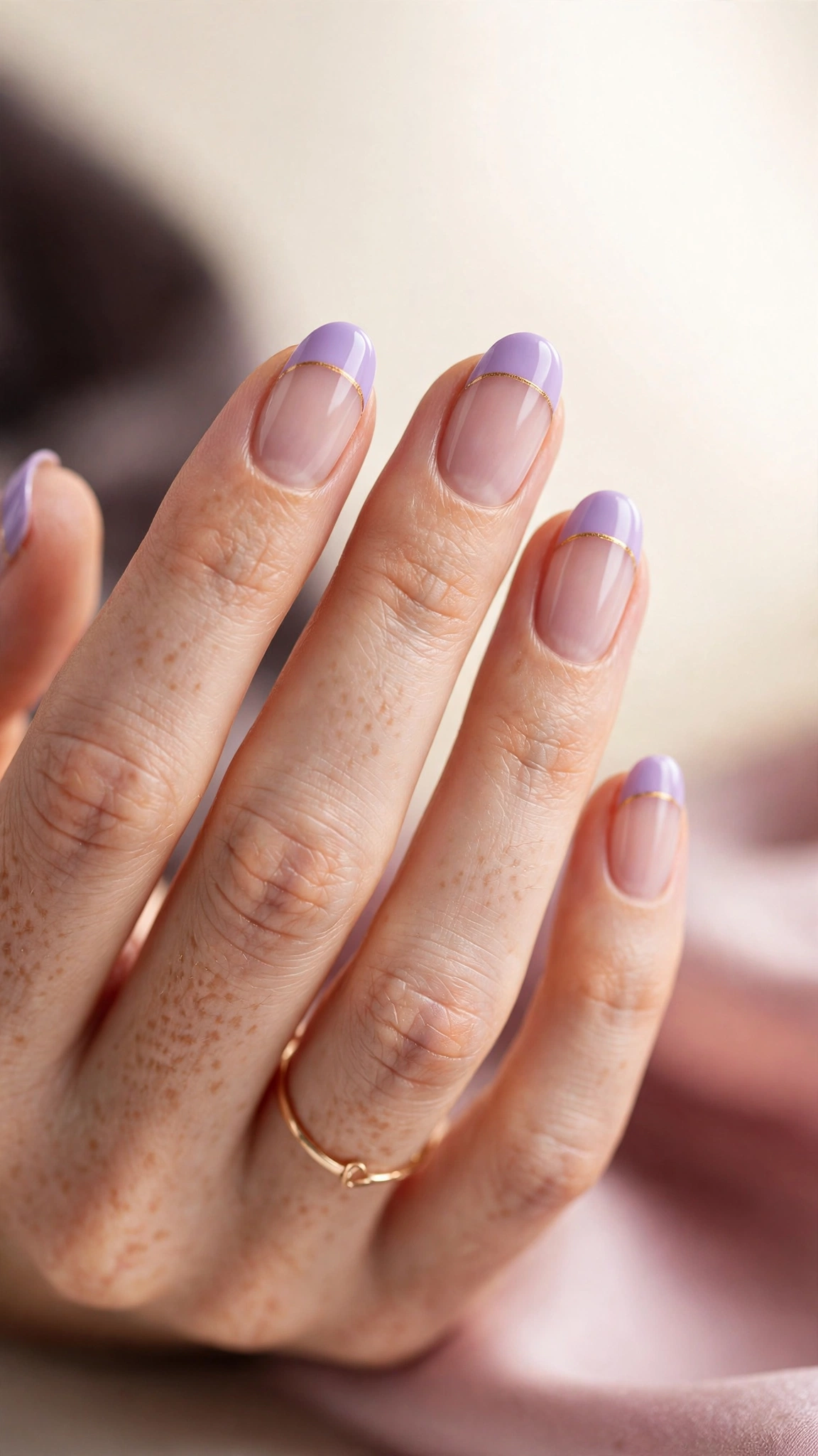 Purple French tip nails with thin gold line