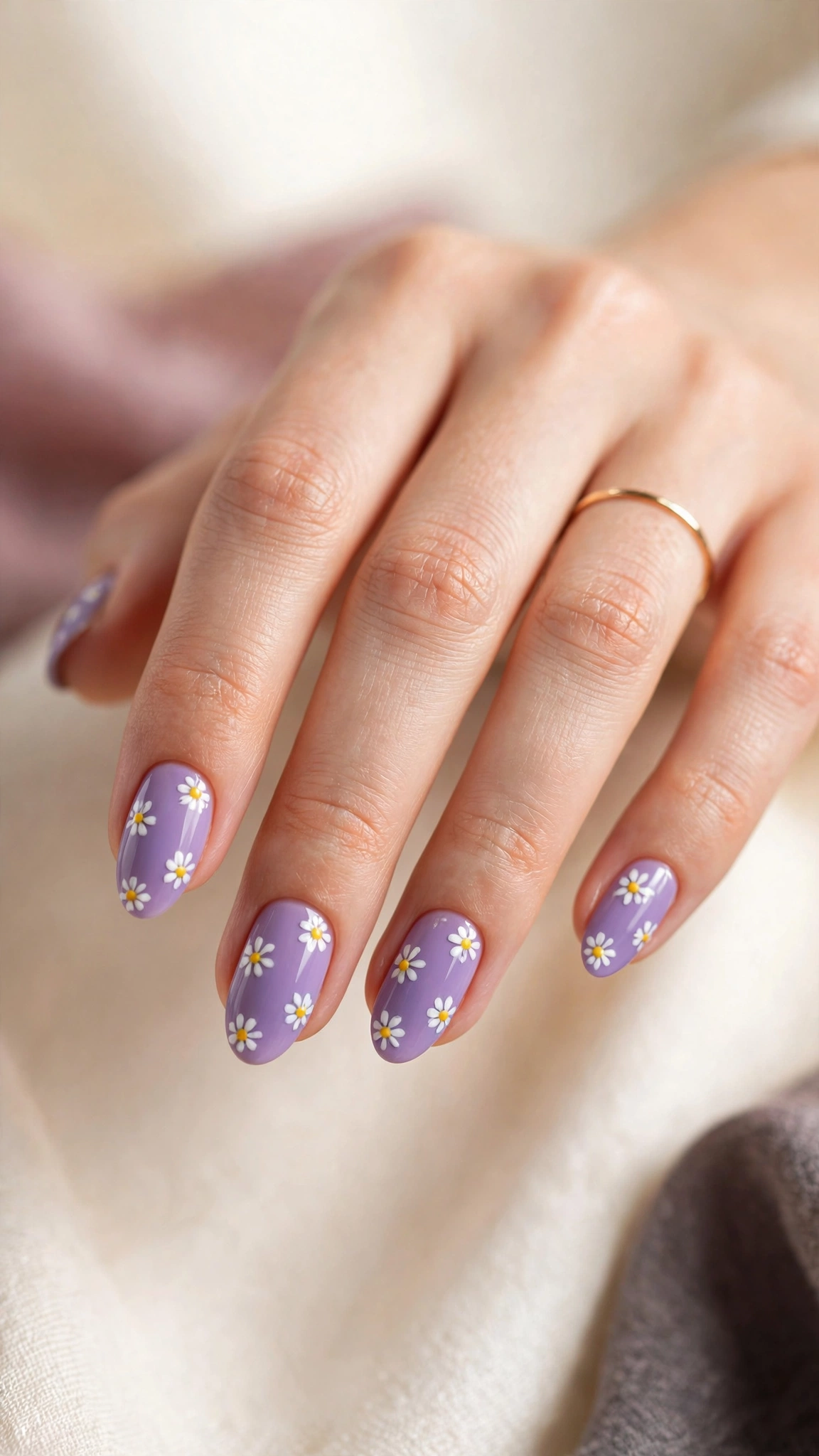 Lavender purple nails with tiny white daisy floral accents