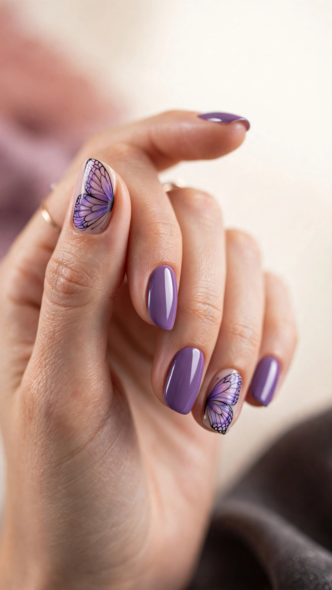 Purple butterfly wing nail art on accent nails