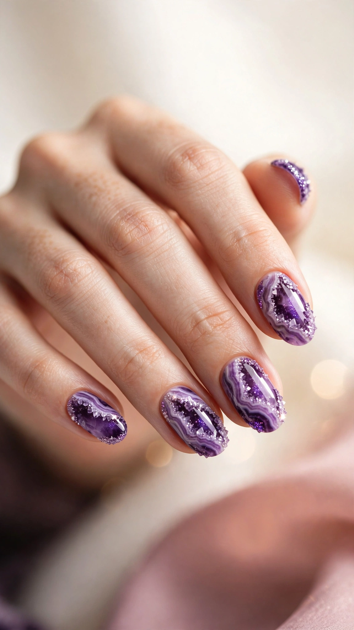 Amethyst geode purple nails with crystal effect