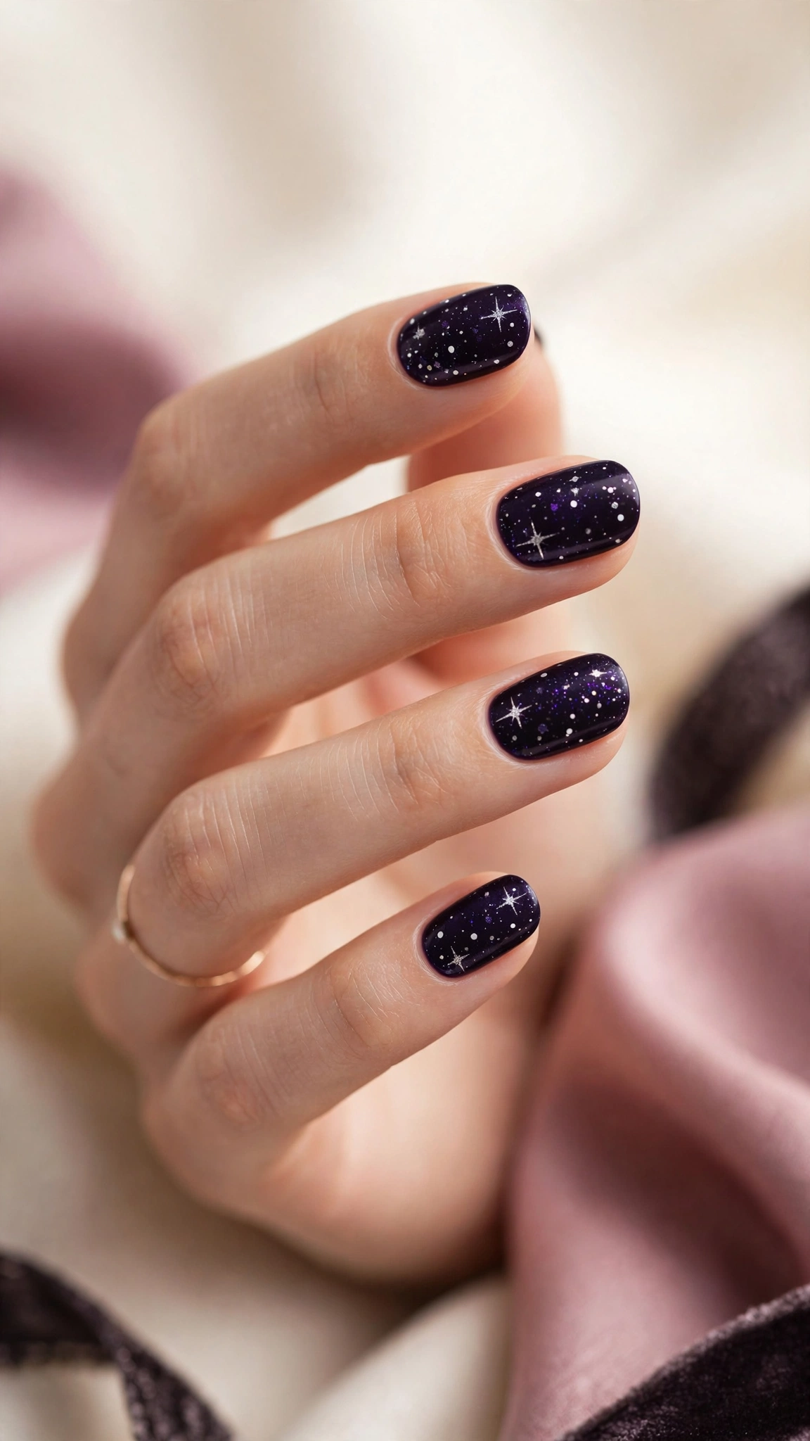 Deep purple starry night nails with tiny stars
