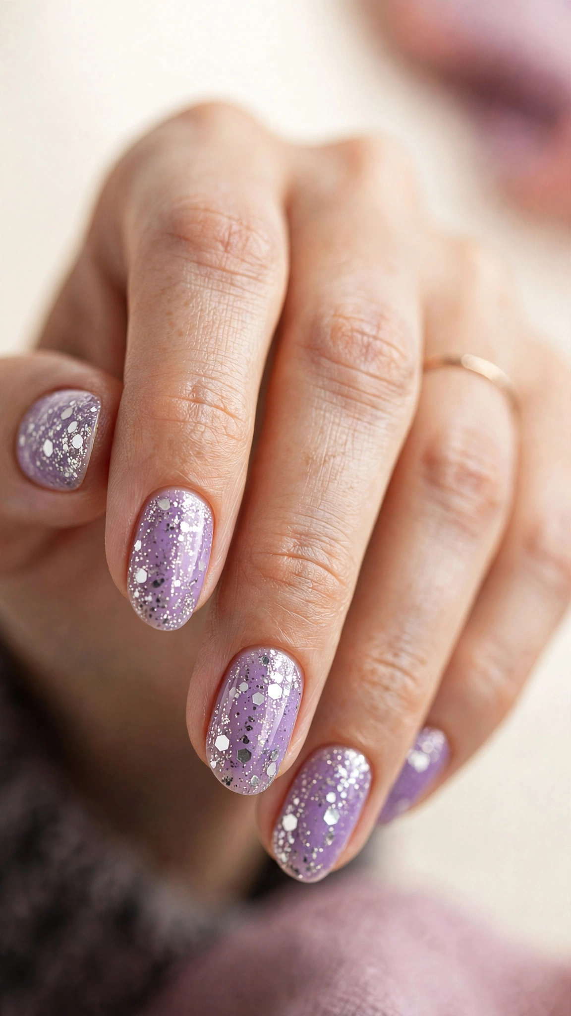 Lilac purple nails with mixed silver glitter