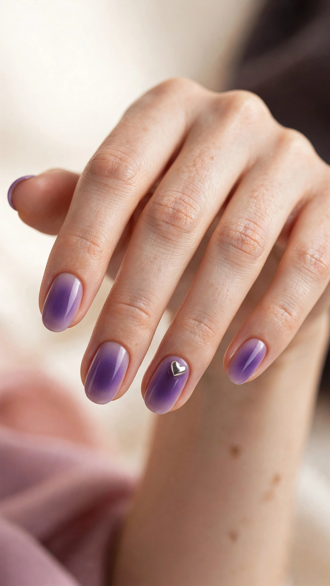 Purple aura nails with tiny chrome heart accent