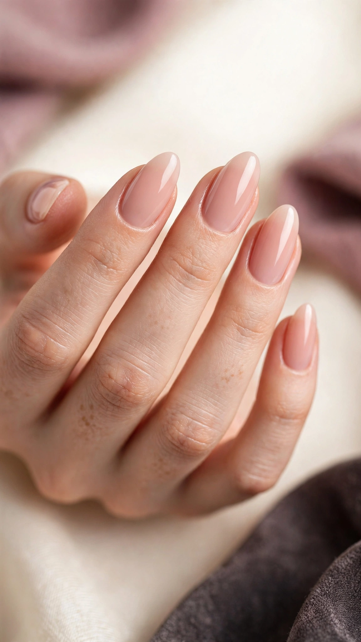 Russian manicure on almond nails with nude pink polish and immaculate cuticles