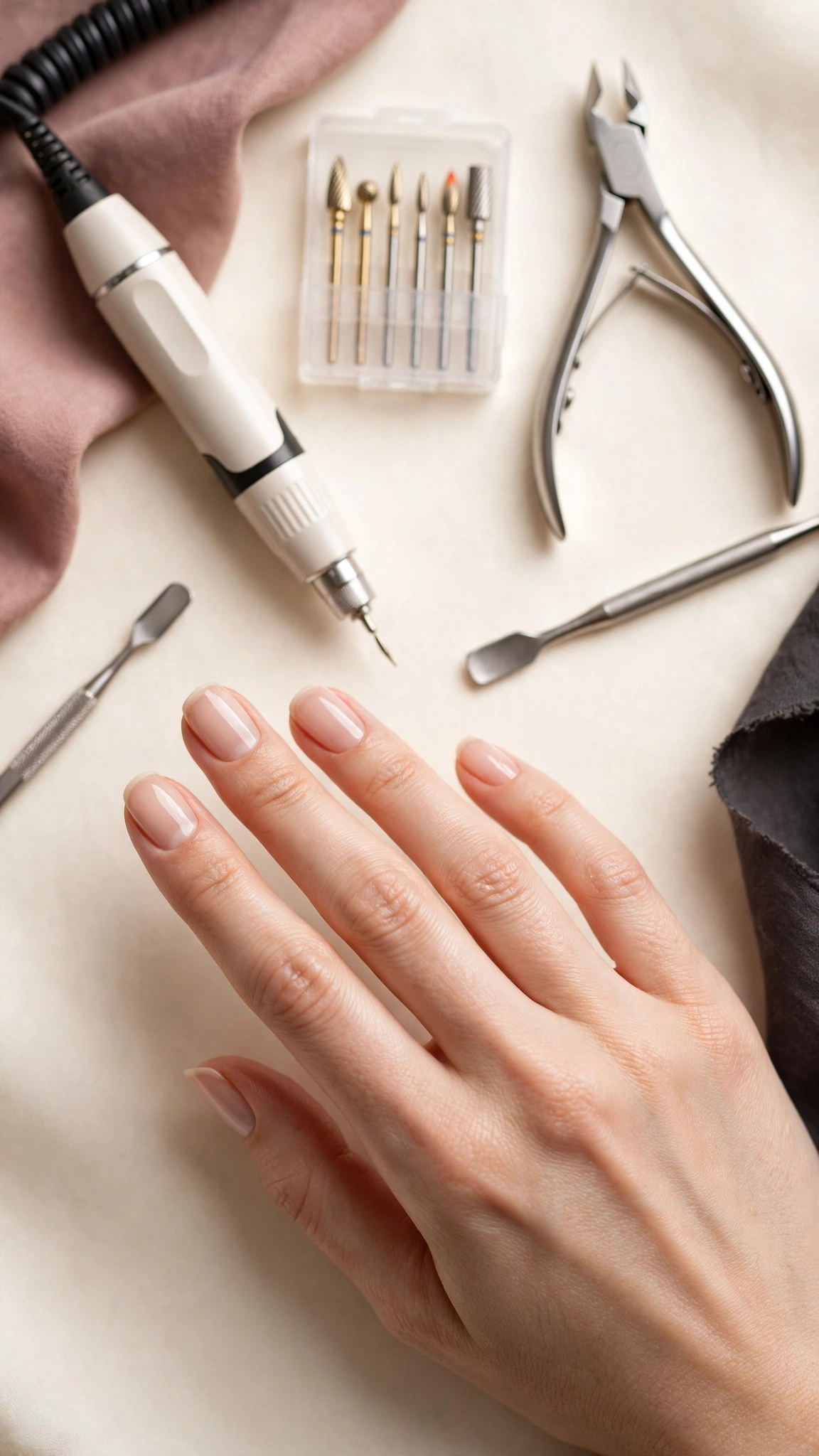 Flat-lay of Russian manicure tools including electric nail file, diamond bits and cuticle nippers