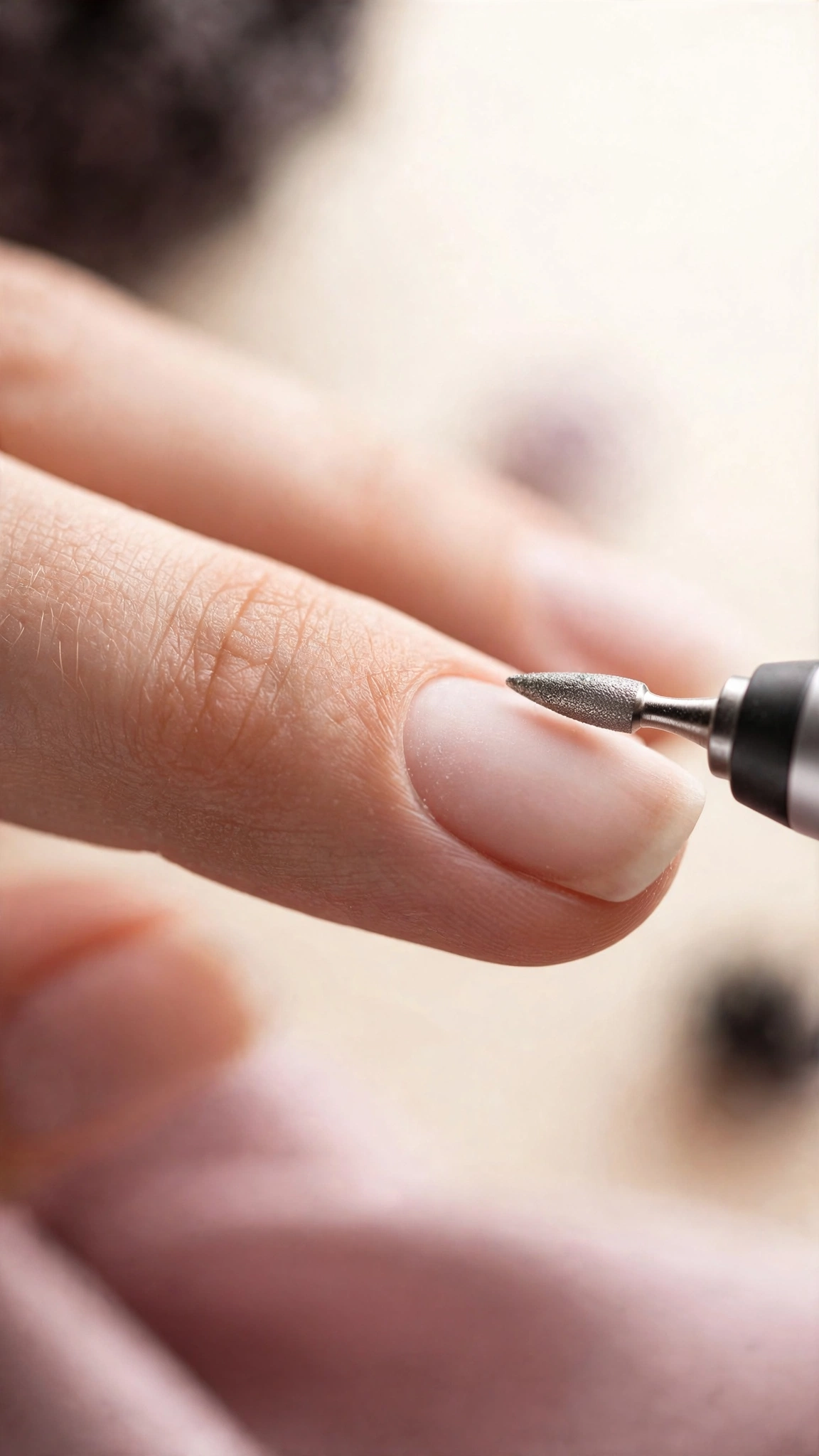 Close-up of an electric nail file bit working gently around the cuticle area