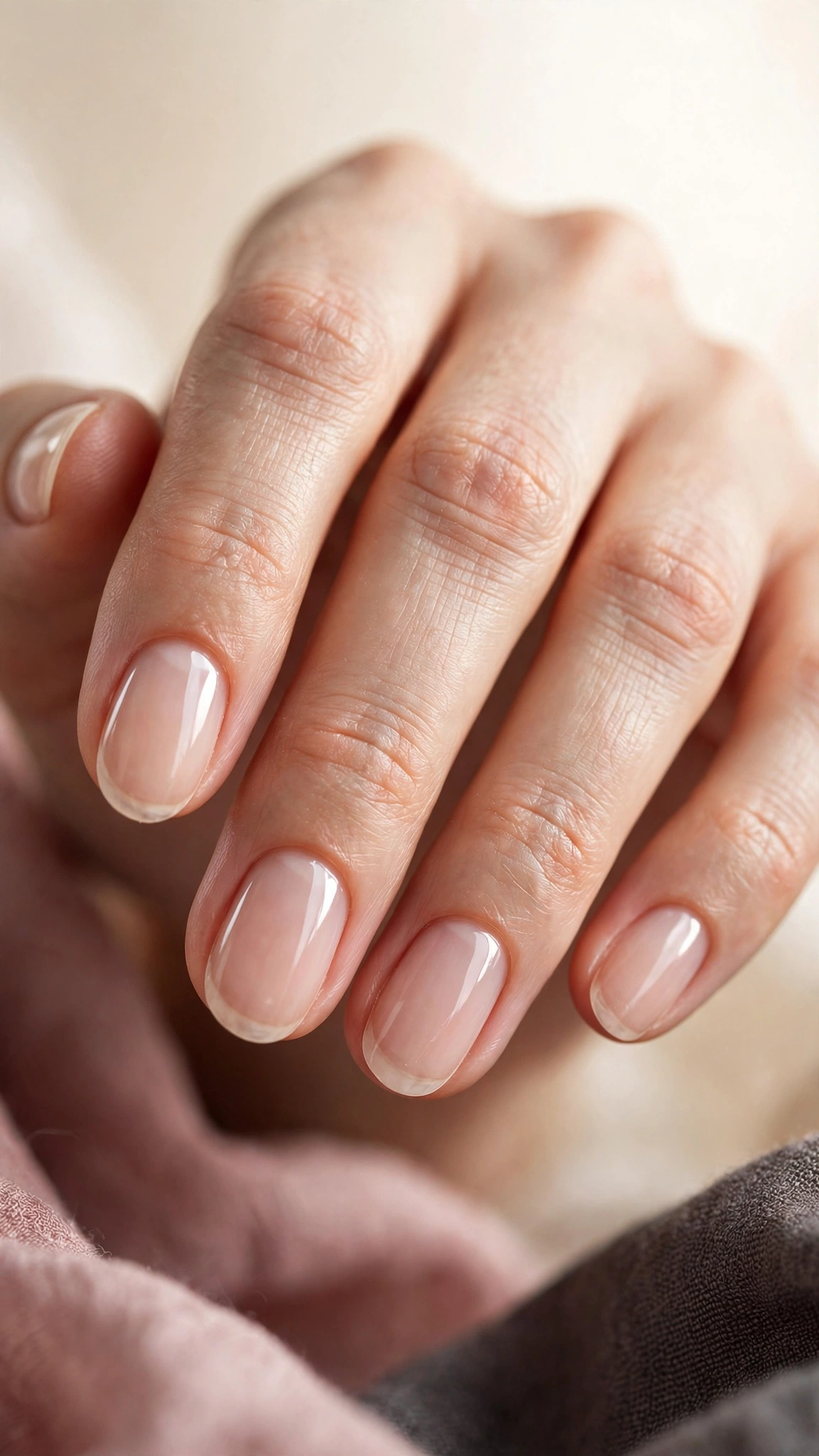 Finished Russian manicure on oval nails with glossy clear coat