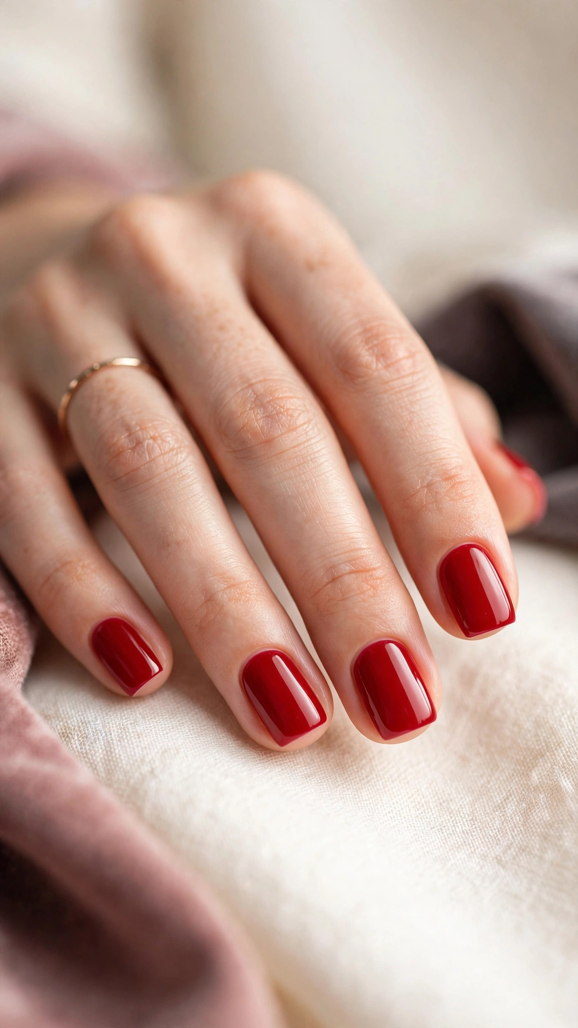 Finished Russian manicure on short square nails with classic red polish