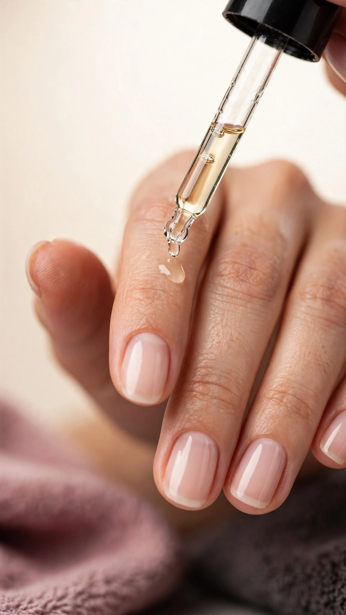 Applying cuticle oil to a fresh Russian manicure