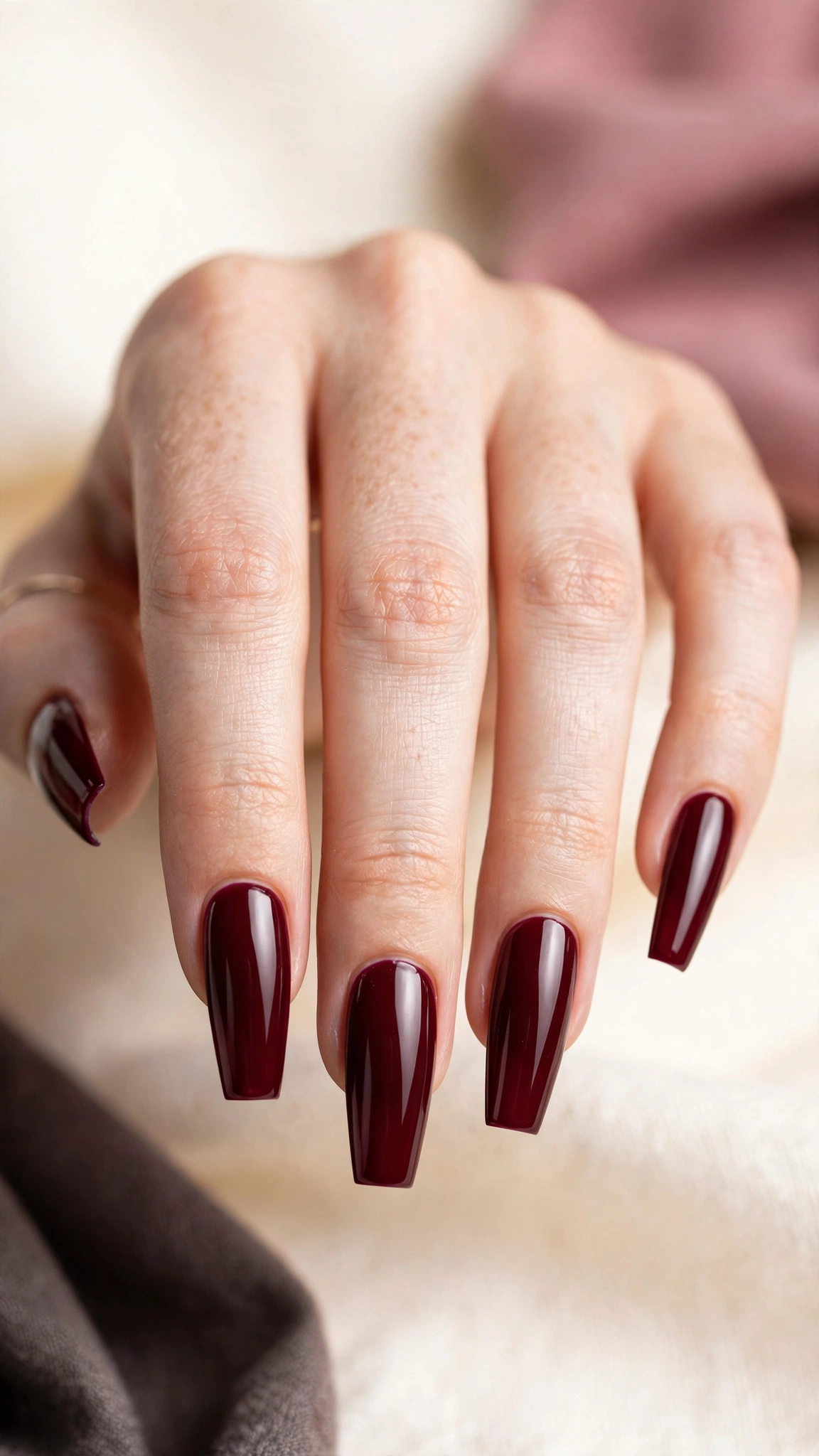 Finished Russian manicure on coffin nails with deep burgundy polish