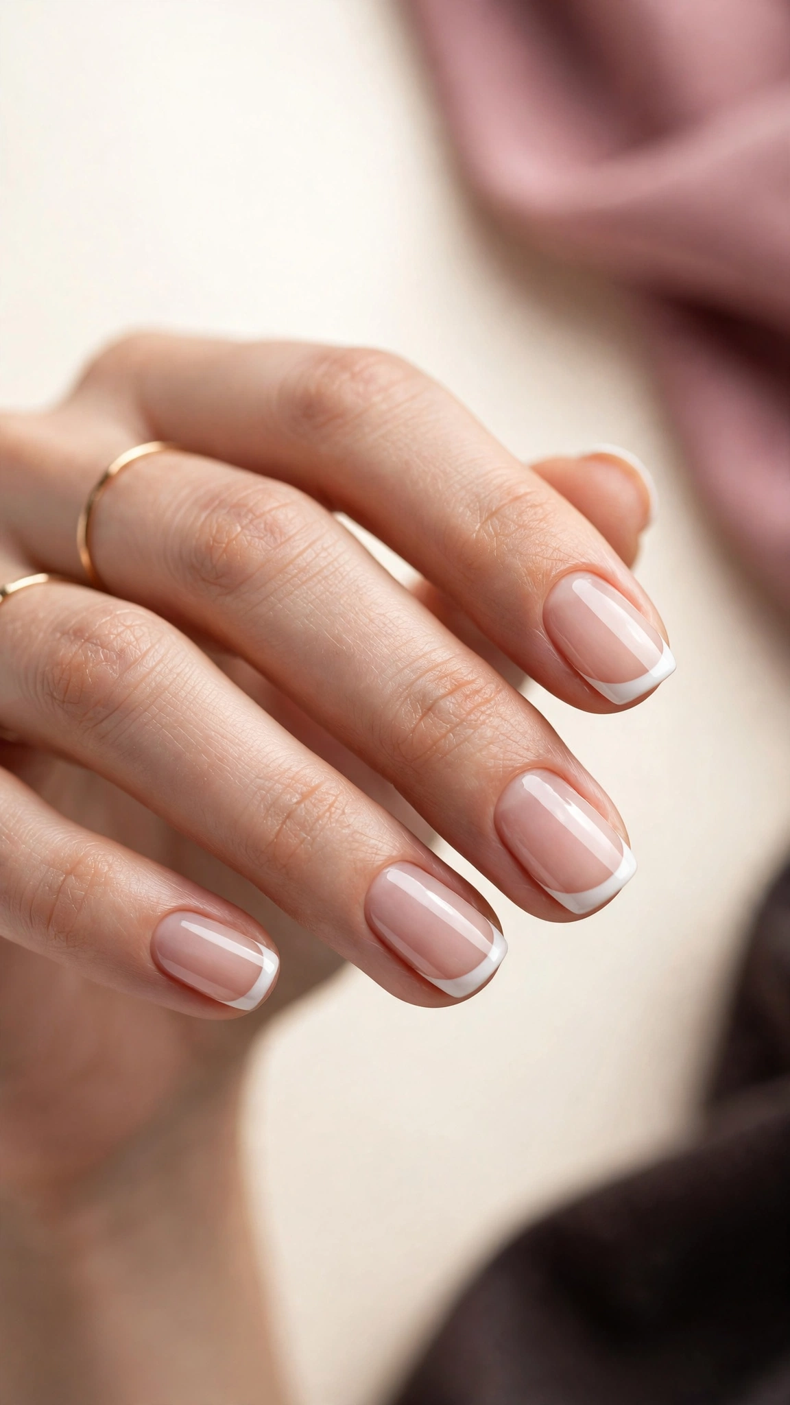 Finished Russian manicure with white French tips on nude base