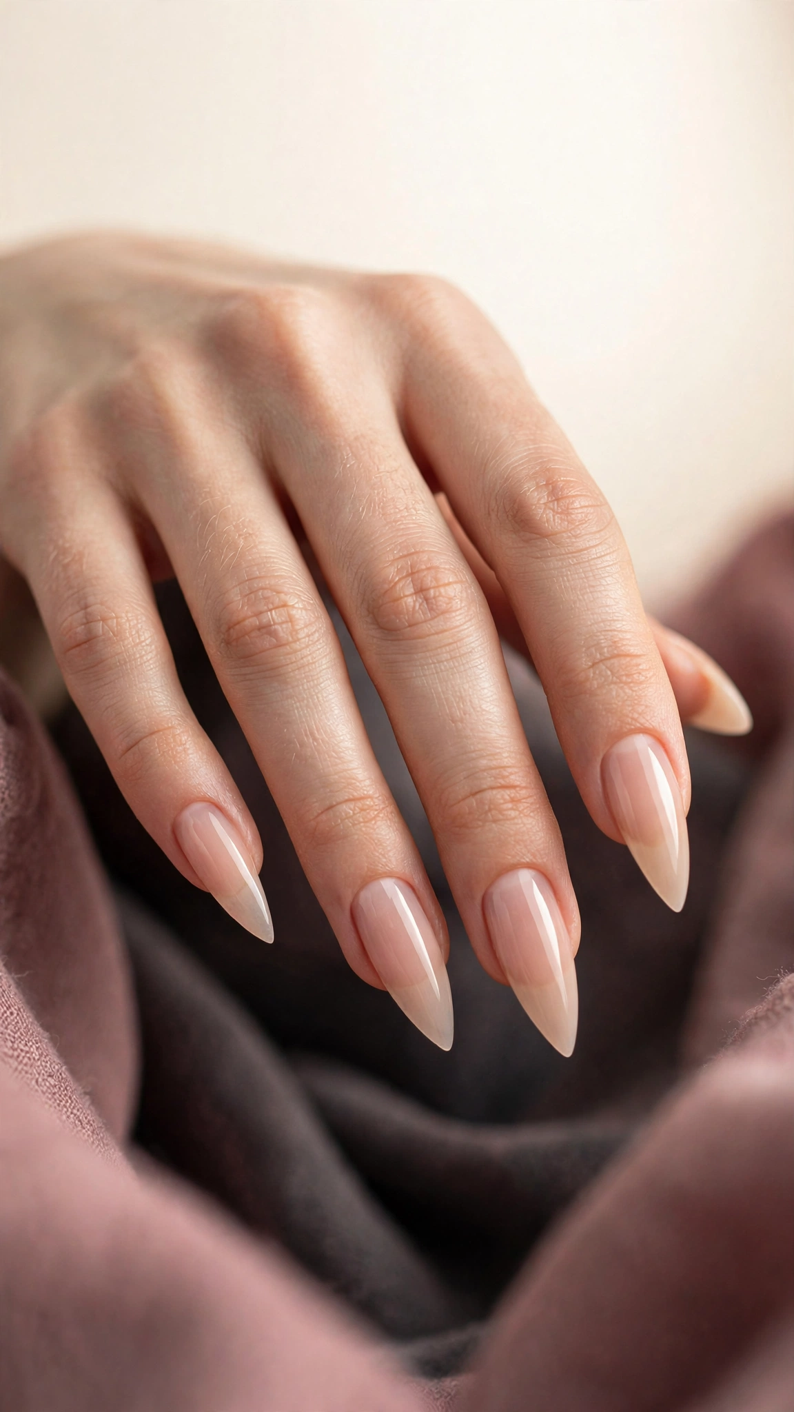 Finished Russian manicure on stiletto nails with sheer nude polish