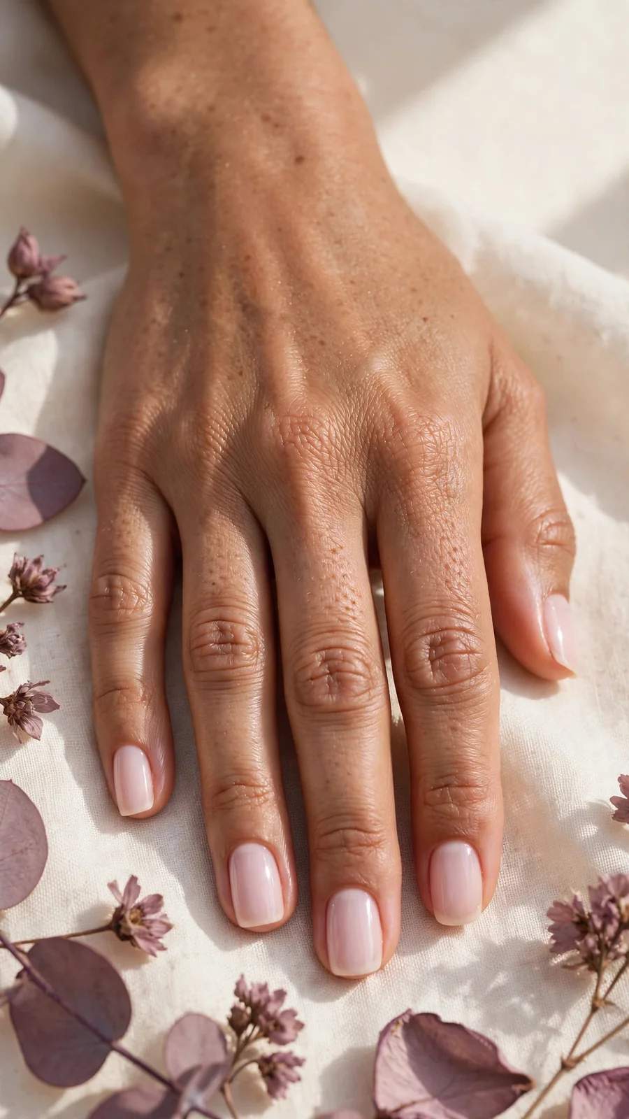 Simple pale pink nail designs on squoval nails, one-coat manicure