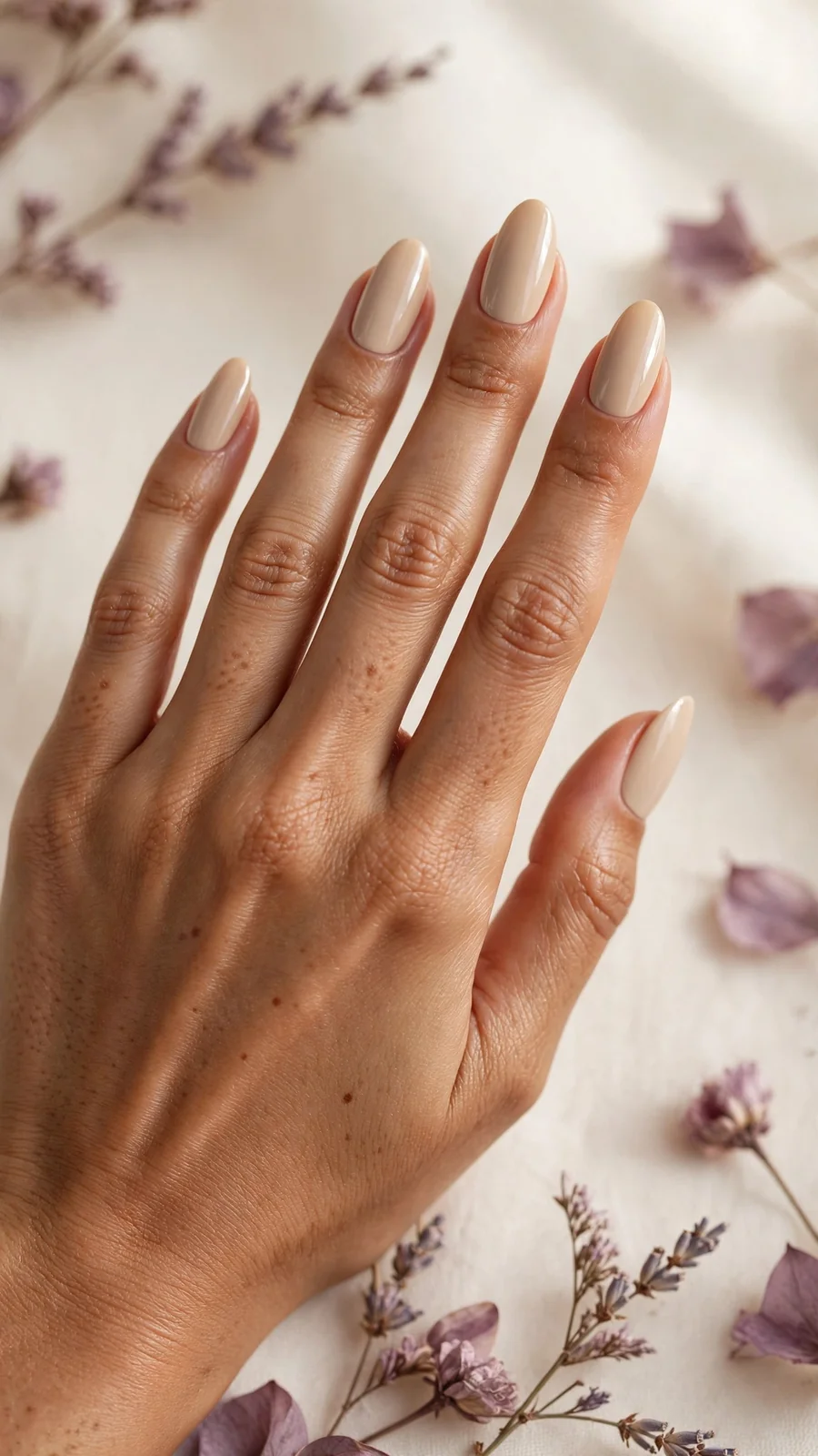 Simple beige nail designs on almond-shaped nails