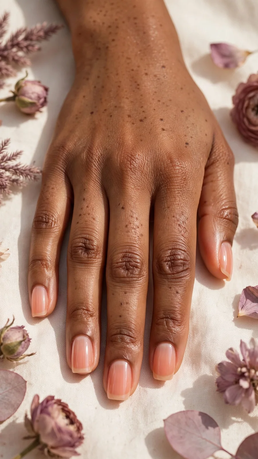 Simple peach nail designs with a sheer finish on squoval nails