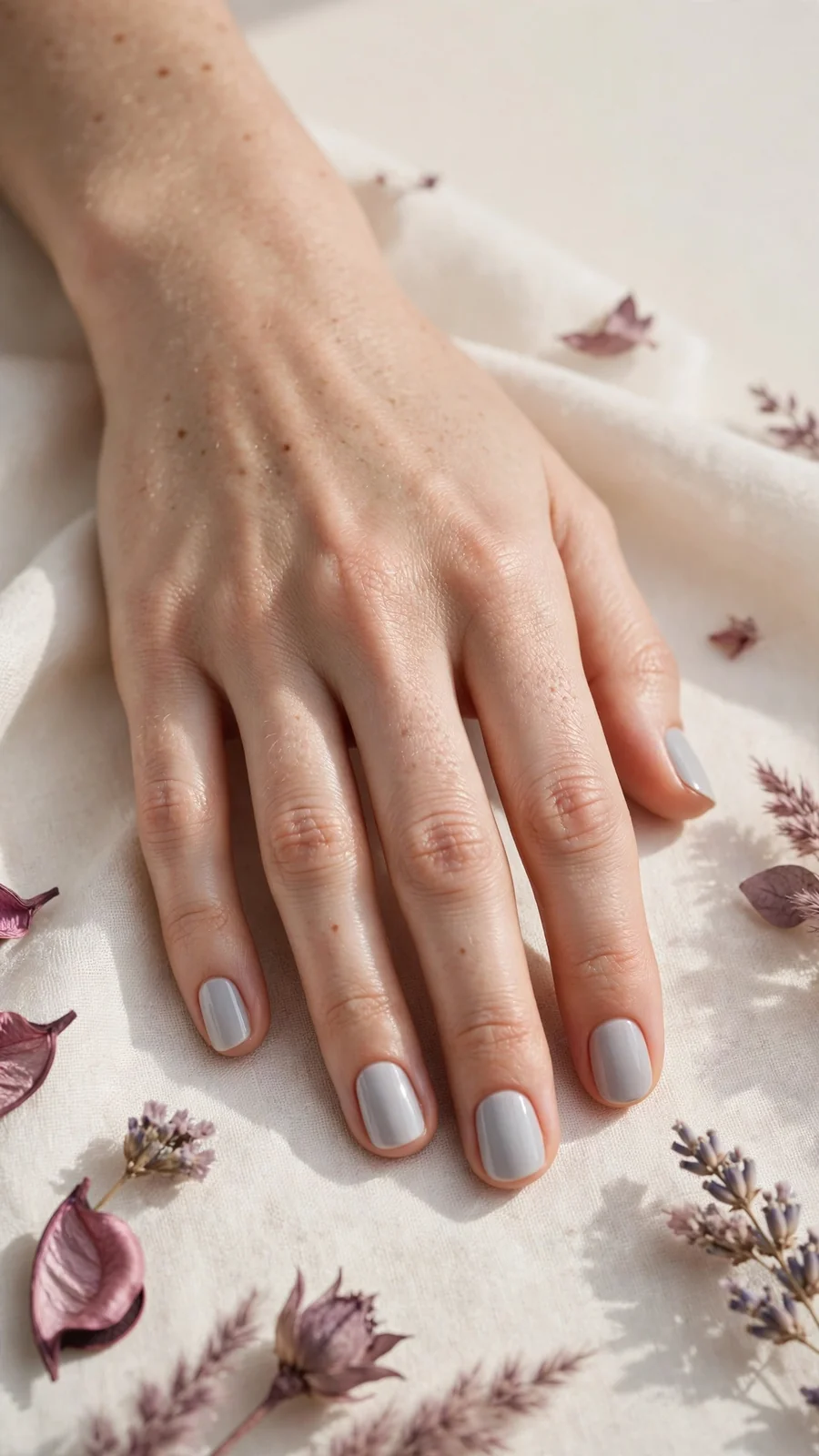Simple light grey nail designs on short round nails