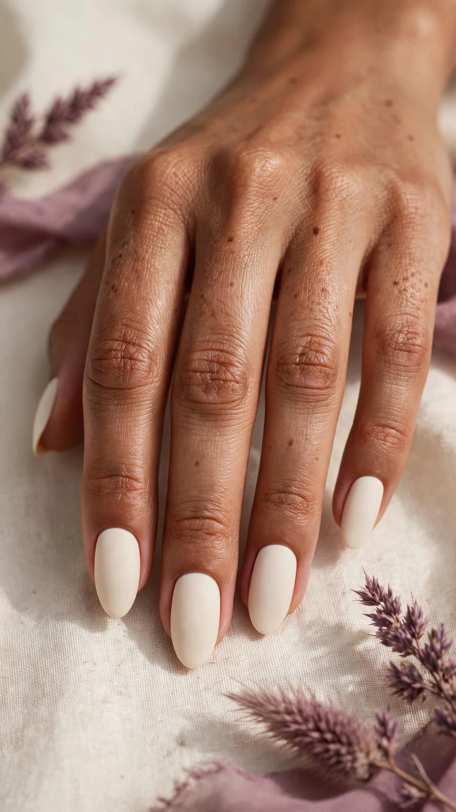 Simple cream matte nail designs on almond nails